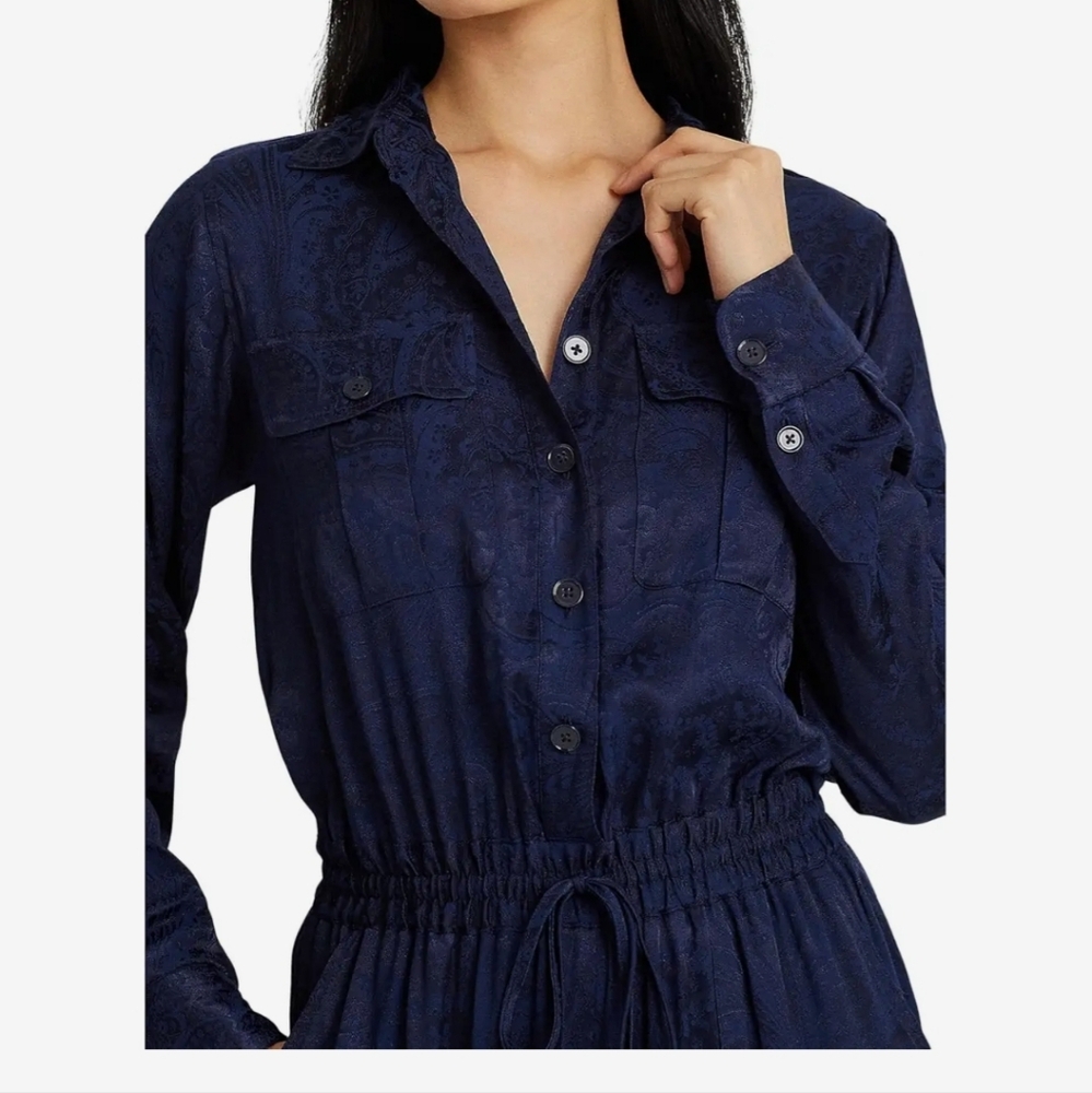 Lauren Ralph Lauren Paisley Jacquard Utility Jumpsuit Navy Blue Button-Front - Picture 4 of 14